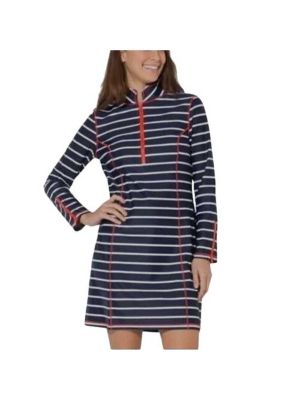 STS Sail To Sable Size XL Navy & White Striped UPF 50 Long Sleeve Tunic Dress